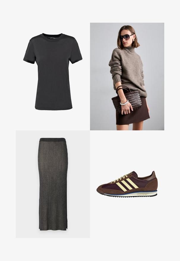 Čierne tričko s krátkym rukávom vyrobené z hladkej tkaniny. Má okrúhly výstrih bez viditeľných vzorov alebo akcentov, poskytujúce jednoduchý dizajn.; Pletená midi sukňa v tmavosivej farbe s vertikálnym rebrovaním, priliehavým strihom a rozparkami na leme pre pohodlný pohyb. Mäkka, štruktúrovaná tkanina.; Hnedé a bordové tenisky z semišu a sieťoviny, s tromi krémovými pruhmi, textúrovanou tkaninou na jazyku a gumovou podrážkou.; DRAGON DIFFUSION MINI FLAT GORA - Kabelka - dark brown