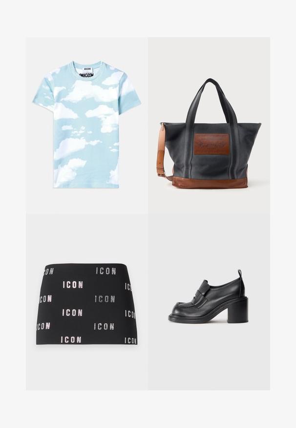 T-shirt in cotone azzurro chiaro con design stampato di nuvole in diverse sfumature di bianco. Collo tondo classico e maniche corte.; Gonna mini nera con testo scintillante "ICON" in un motivo ripetuto su tutta la superficie, texture liscia e design aderente.; Scarpe nere in pelle con tacco, caratterizzate da una punta rotonda, una fascia prominente sulla tomaia e un design con tacco spesso. Texture liscia con cuciture minime.; Borsa tote in tela grigia scura con dettagli in pelle beige. Presenta doppi manici e una toppa frontale con testo e design in rilievo.
