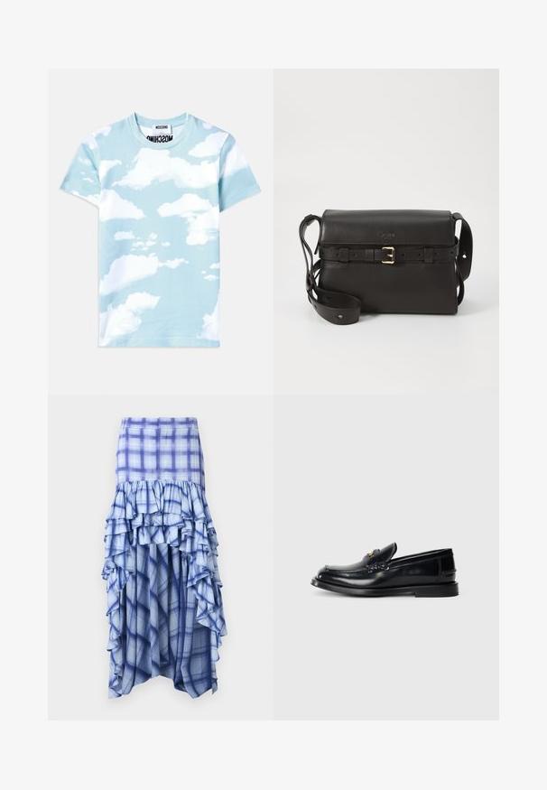 Svetlomodré bavlnené tričko s potlačou oblakov v rôznych odtieňoch bielej. Klasický okrúhly výstrih a krátke rukávy.; Modrá kockovaná sukňa s vrstvenými volánmi, ktorá obsahuje rôzne odtiene modrej a modro-biele kockované vzory. Ľahký materiál, dĺžka sukne po členky.; Čierne kožené loafers s prešitým dizajnom, malou prednou chlopňou a plochou gumovou podrážkou. Hladký povrch s akcentom z pozlátenej kovovej súčiastky.; Čierna kožená kabelka so štruktúrovaným tvarom. Obsahuje zlatú sponu, nastaviteľný popruh a hladkú textúru. Minimalistický dizajn.