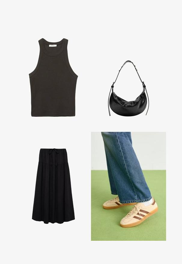 Mørkegrå ærmeløs top lavet af en bomuldsblanding, med en rund halsudskæring og rene kanter. Ingen synlige mønstre eller accenter.; Sort midi-nederdel med elastisk talje og snor. Lavet af letvægtsstof med en tekstureret overflade og flydende form.; Beige sneakers med teksturerede cremefarvede paneler og brune striber, parret med blå denim jeans. Jeansene har brede ben og en frynset kant.; Sort læder håndtaske med en halvmåneform, glat overflade og justerbar rem, prydet med subtile hardwaredetaljer. Lynlåslukning synlig.