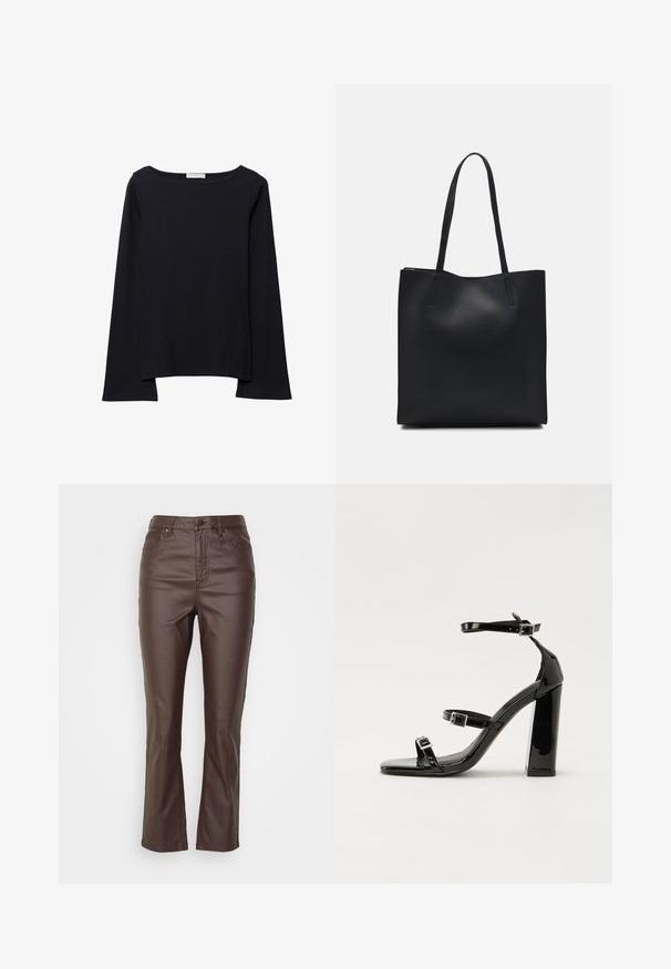 Schwarz, langärmliges Oberteil aus weicher Baumwolle. Hat einen weit geschnittenen Halsausschnitt, eine lockere Passform und leicht ausgestellt Ärmel. Keine sichtbaren Muster oder Hardware.; Braune Kunstlederhosen mit geradem Schnitt, ausgestattet mit fünf Taschen, einem vorderen Knopfverschluss und sichtbaren Steppnähten.; Schwarze patentierte Sandalen mit Absatz, quadratischer Spitze, Knöchelriemen und silbernen Schnallen. Mit einem stabilen Blockabsatz für mehr Stabilität.; Schwarze Laptoptasche aus Leder mit glatter Textur, rechteckiger Form und zwei langen Griffen. Keine sichtbaren Beschläge oder Verzierungen.