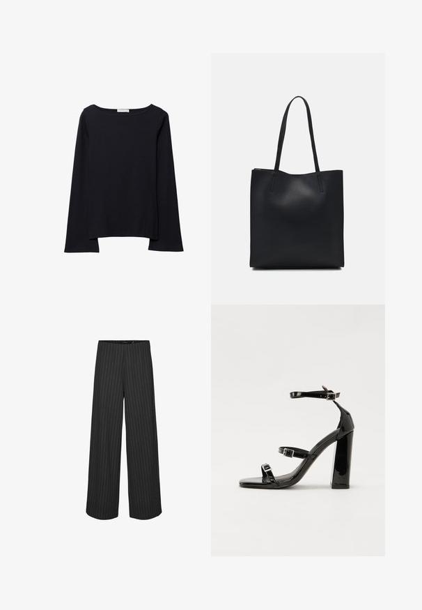 Maglietta nera a maniche lunghe realizzata in morbido cotone. Presenta un collo ampio, vestibilità rilassata e maniche leggermente svasate. Senza motivi o accessori visibili.; Pantaloni neri a gamba larga con righe bianche verticali, caratterizzati da un design su misura e una texture liscia. Senza tasche visibili o hardware.; Sandali con tacco in vernice nera, con punta squadrata, cinturini alla caviglia e fibbie in argento. Presentano un tacco a blocco spesso per maggiore stabilità.; Borsa tote in pelle nera con texture liscia, forma rettangolare e due manici lunghi. Nessun hardware o decorazione visibile.