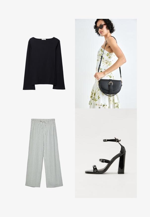 Maglietta nera a maniche lunghe realizzata in morbido cotone. Presenta un collo ampio, vestibilità rilassata e maniche leggermente svasate. Senza motivi o accessori visibili.; Pantaloni leggeri a gamba larga in un motivo a righe verticali verdi e bianche. Presentano una vita elastica con chiusura a coulisse.; Sandali con tacco in vernice nera, con punta squadrata, cinturini alla caviglia e fibbie in argento. Presentano un tacco a blocco spesso per maggiore stabilità.; Borsa a tracolla nera in pelle con una forma curva, manico rimovibile e accessori dorati. La borsa presenta una patta con un dettaglio a fibbia.