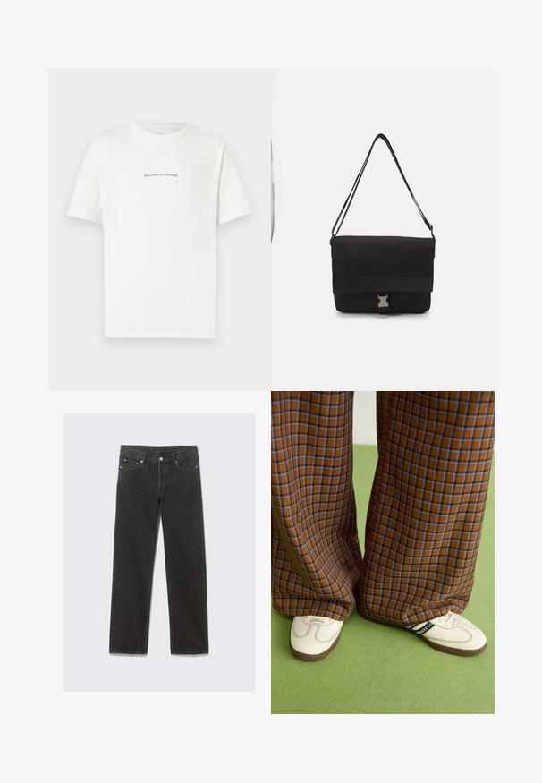 Hvit bomull t-skjorte med korte ermer og rund hals. Midt på t-skjorten står teksten "VELKOMMEN TIL PARADIS" i en buet grønn skrift.; Sorte denim jeans med rette ben og et klassisk fem-lomme-design, med oransje søm og glidelås-lukking.; Brune og blå rutete vide bukser sammen med hvite sko med svarte detaljer og teksturerte såler, satt mot en grønn bakgrunn.; Svart budveske laget av glatt materiale, med en klaff som kan legges over, sølvfarget spenne og en justerbar skulderrem.