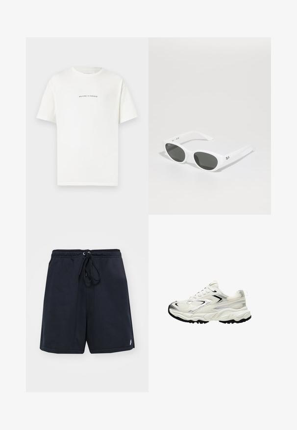 Bílý bavlněný tričko s krátkým rukávem a kulatým výstřihem. Uprostřed je napsáno "VÍTÁME V RÁJI" křivým zeleným písmem.; Námořnické modré bavlněné šortky s elastickým pasem a nastavitelnou šňůrkou. Obsahují boční kapsy a malé logo na lemu.; Bílé tenisky s textilním svrškem, stříbrnými detaily, černou podešví a strukturovanými panely. Obsahují šněrovací design a zaoblený tvar špičky.; Bílé sluneční brýle s kulatými rámy a tmavými skly. Mají hladký plastový povrch a malé logo na stranici.
