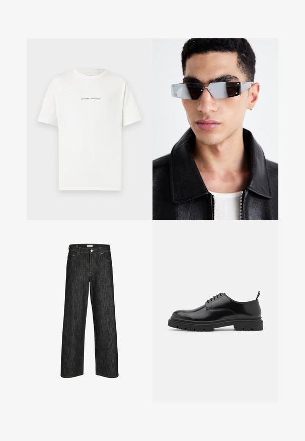 Bílý bavlněný tričko s krátkým rukávem a kulatým výstřihem. Uprostřed je napsáno "VÍTÁME V RÁJI" křivým zeleným písmem.; Široké černé denimové džíny s kontrastním žlutým prošíváním, pětibokým designem a zapínáním na knoflík v pase. Odolná textilní struktura.; Černé kožené šněrovací boty s kulatou špičkou, hladkým povrchem a drsnou gumovou podrážkou. Mají malý podpatek a poutko na zadní straně.; Avenované sluneční brýle se šedým nádechem a stříbrnými doplňky, umístěné na světlém pozadí. Skla mají jedinečný geometrický tvar.