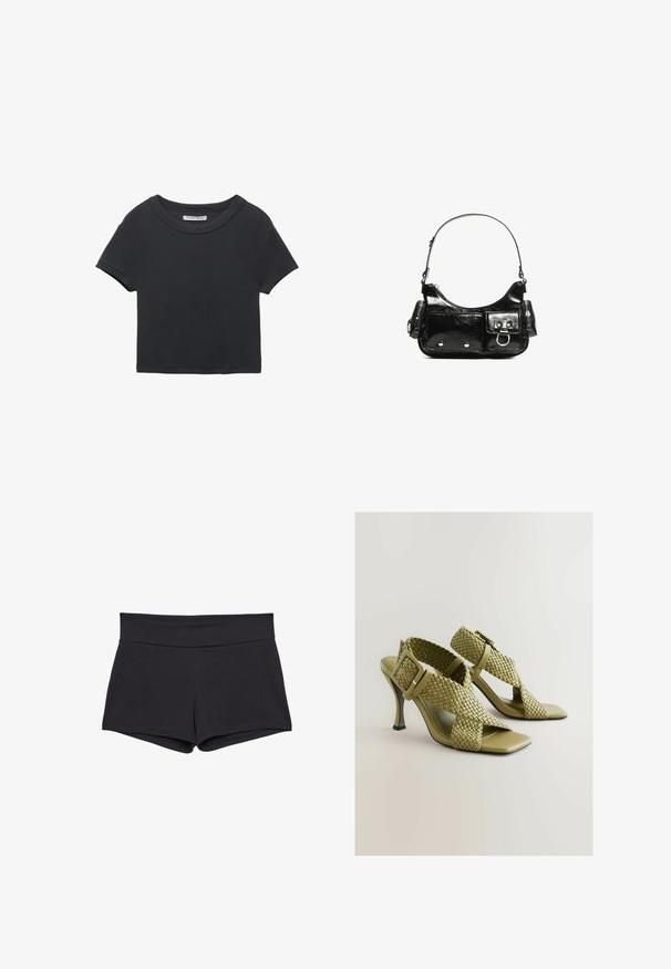 Černé zkrácené tričko vyrobené z ribbované tkaniny. Má kulatý výstřih a krátké rukávy. Jednoduchý design bez vzorů nebo akcentů.; Černé, přiléhavé šortky s širokým pasem, vyrobené z měkké, elastické látky. Konce nohavic jsou hladké bez viditelných zapínání nebo vzorů.; Zelené tkané sandály na podpatku s nastavitelním sponou, čtveratou otevřenou špičkou a hladkou podrážkou. Mají elegantní, štíhlý vysoký podpatek a texturované pásky.; Černá lakovaná kožená kabelka s křivkovým tvarem, jedním ramenním popruhem, předními kapsami a stříbrnými kovovými detaily.