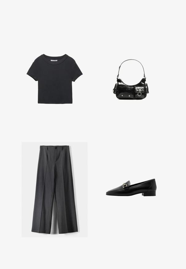 Črna skrajšana majica iz rebrastega materiala. Ima okroglo ovratnico in kratke rokave. Preprost dizajn brez vzorcev ali dodatkov.; Hlače širokega kroja v temno sivi tkanini, z gumbnim zapenjanjem, sprednjimi naborki in zankami za pas. Gladka tekstura s prilagojenim dizajnom.; Črne usnjene loafers čevlje s konico, majhnim blokastim peto in zlatim detajlom na sprednji strani. Gladka tekstura in minimalistična zasnova.; Črna lakasta usnjena torbica s ukrivljeno obliko, enim ramenskim trakom, sprednjimi žepi in srebrnimi kovinskimi dodatki.
