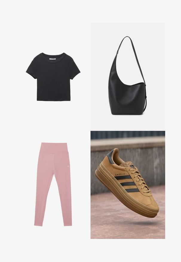 Zwarte cropped t-shirt gemaakt van ribbelstof. Heeft een ronde halslijn en korte mouwen. Eenvoudig ontwerp zonder patronen of accenten.; Roze, hoge tailllegging gemaakt van rekbare stof, met een gladde textuur en een klein logodetail bij de taille.; Tansuede sneakers met een gladde textuur, voorzien van drie donkere strepen, een ronde neus en een dikkere zool met een gemarmerde rand.; Zwarte leren hobo tas met een gladde textuur, kromme vorm en een enkele verstelbare schouderband; heeft een brede opening aan de bovenkant.