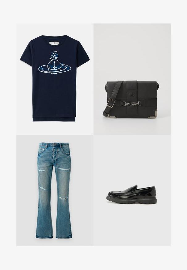 Mörkblå bomull t-shirt med en vit och ljusblå grafik av en planet med ringar och en satellitdesign. Korta ärmar och rund hals.; Uppdragna denimjeans i ljusblått med slitna detaljer och fransade knäskärningar. Har klassisk femfickdesign och metallknappstängning.; Svart läderloaferskor med en glänsande yta, rund tå, diskreta söm detaljer och en tjock gummisula för hållbarhet.; Svart läderbryggväska med en texturerad yta, metallhårdvaruaccenter, justerbar rem och en klaffstängning med spänndetaljer.