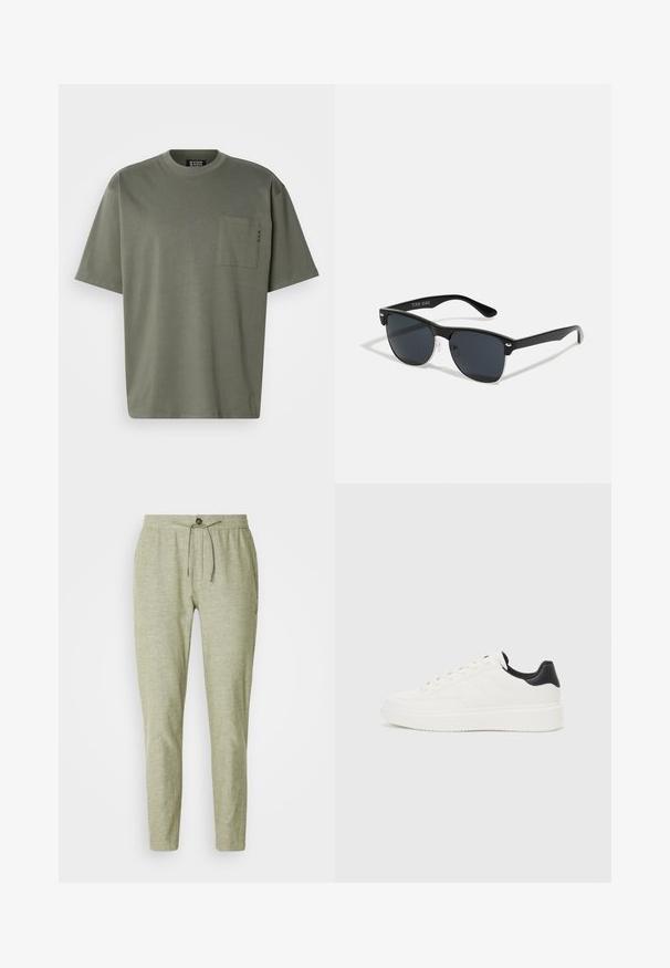 Olivenfarget bomulls t-skjorte med rund hals, korte ermer og en brystlomme med sydd detaljering. Myk tekstur, uformell design.; Lys grønne joggebukser i et teksturert stoff, med elastisk liv med snøring og en frontknappe detalj.; Hvit lær sneaker med preget mønster, teksturert hvit mellomsole og svart hælakkent. Har rund tå og flate lisser.; Sorte solbriller med rektangulær form, mørke linser, sølvfargede detaljer ved templene, og en matt finish på rammen.