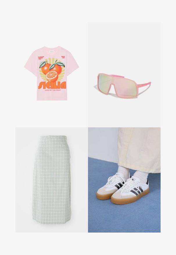Ružičasta pamučna majica s veselom grafikom tri naranče s lišćem, pozadinom sunčevih zraka i hrabrim tekstom "SICILIA JUICE OF THE FRUIT."; Suknja do koljena u svijetlozelenom i bijelom kariranom uzorku, s glatkom teksturom i prilagođenim krojem, koja ima bočne džepove.; Bjele tenisice s crnim prugama i bež suknjom. Imaju teksturiranu gumu potplat i ravne bijele vezice, nošene uz svijetle čarape.; Ružičaste oversized sunčane naočale s prozirnim okvirom, lećama u gradijentu i tankim krakovima, s ružičastim naglaskom na vrhovima.