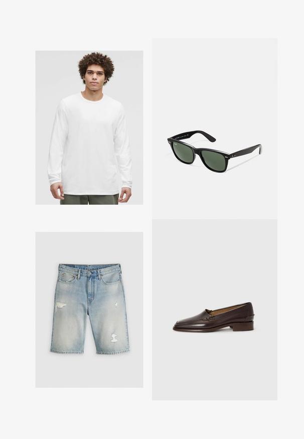 Camiseta blanca de manga larga con cuello redondo, hecha de una tela suave, con un corte holgado y sin logotipos o patrones visibles.; Pantalones cortos de mezclilla azul claro con una cintura alta, que presentan parches desgastados y bordes deshilachados. Diseño de cinco bolsillos y detalles en metal.; Mocasines de cuero marrón con una puntera ligeramente puntiaguda, tacón bajo apilado y costuras decorativas en la parte superior. Textura suave, diseño minimalista.; Gafas de sol de plástico negro con lentes verdes, montura cuadrada, acento plateado en la ceja y brazos texturizados. Marca indicada en el brazo interno.