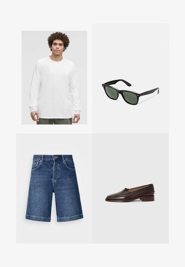 Bílý dlouhý rukáv tričko s kulatým výstřihem, vyrobené z měkké látky, s volným střihem a bez viditelných log nebo vzorů.; Džínové šortky v tmavě modré barvě, s rovný střih, pětikapsovým designem a prošitým lemem. Obsahují zapínání na přední knoflík a zip.; Hnědé kožené loafers s mírně špičatou špičkou, nízkým stohovaným podpatkem a dekorativním šitím na svršku. Hladká textura, minimalistický design.; Černé plastové sluneční brýle se zelenými skly, čtvercové obroučky, stříbrný detail na obočí a texturované stranice. Značka uvedená na vnitřní straně stranic.
