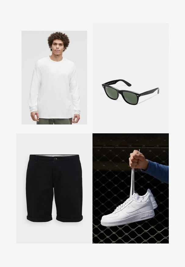 Weißes Langarm-T-Shirt mit Rundhalsausschnitt, aus weichem Stoff, mit lockerer Passform und ohne sichtbare Logos oder Muster.; Schwarze Baumwollshorts mit geradem Schnitt, umgeschlagenen Säumen und vorderem Knopfverschluss. Mit Taschen und einem gemusterten inneren Bund.; Weiße Leder-Sneaker mit Perforationen, runder Zehenpartie, flacher Sohle und dicken Schnürsenkeln, mit sichtbar eingesticktem Swoosh-Logo und "AIR" an der Ferse.; Schwarze Plastiksonnenbrille mit grünen Gläsern, quadratischen Rahmen, silbernem Akzent auf der Augenbraue und strukturierten Bügeln. Angegebene Marke auf dem inneren Bügel.