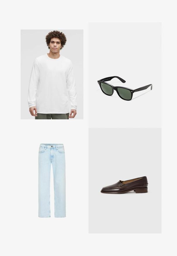 Valkoinen pitkähihainen t-paita, jossa on pyöreä kaula-aukko, valmistettu pehmeästä kankaasta, rento malli ilman näkyviä logoja tai kuvioita.; Vaaleansiniset farkut, joissa on suora lahje, klassinen nappisulku, viisi taskua ja hienovarainen haalistuminen tekstuurin luomiseksi.; Ruske nahkakengät, joissa on hieman terävä kärki, matala pinoheijastin ja koristeellinen ompelu päällä. Tasainen pinta, minimalistinen muotoilu.; Mustat muoviset aurinkolasit, joissa on vihreät linssit, neliönmuotoiset kehykset, hopeinen yksityiskohta kulmakarvojen kohdalla sekä tekstuuriset temppeleiden varret. Brändi ilmoitettu sisävarsissa.