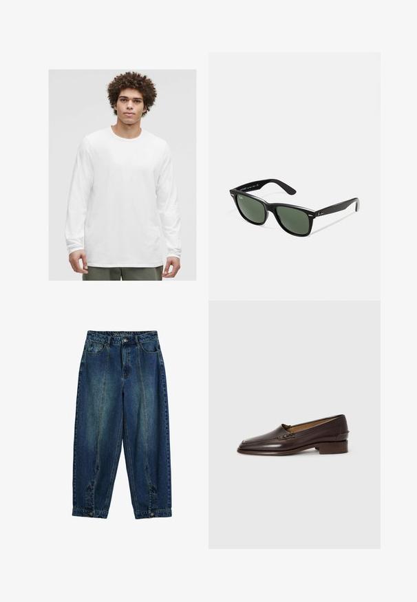 Fehér, hosszú ujjú póló kerek nyakkivágással, puha anyagból készült, laza szabású, látható logók vagy minták nélkül.; Farmert nadrág klasszikus kék mosással, magas derekú fazonnal, laza illeszkedéssel, elülső és hátsó zsebekkel, valamint gombos záródással a derékban.; Barna bőrből készült, enyhén hegyes orrú lóferek, alacsony, rétegelt sarkukkal és díszöltésekkel a felső részen. Simaság, minimalista dizájn.; Fekete műanyag napszemüveg zöld lencsékkel, négyzet alakú kerettel, ezüst díszítéssel a keret felső részén, valamint texturált szárakkal. A márka neve a belső száron található.