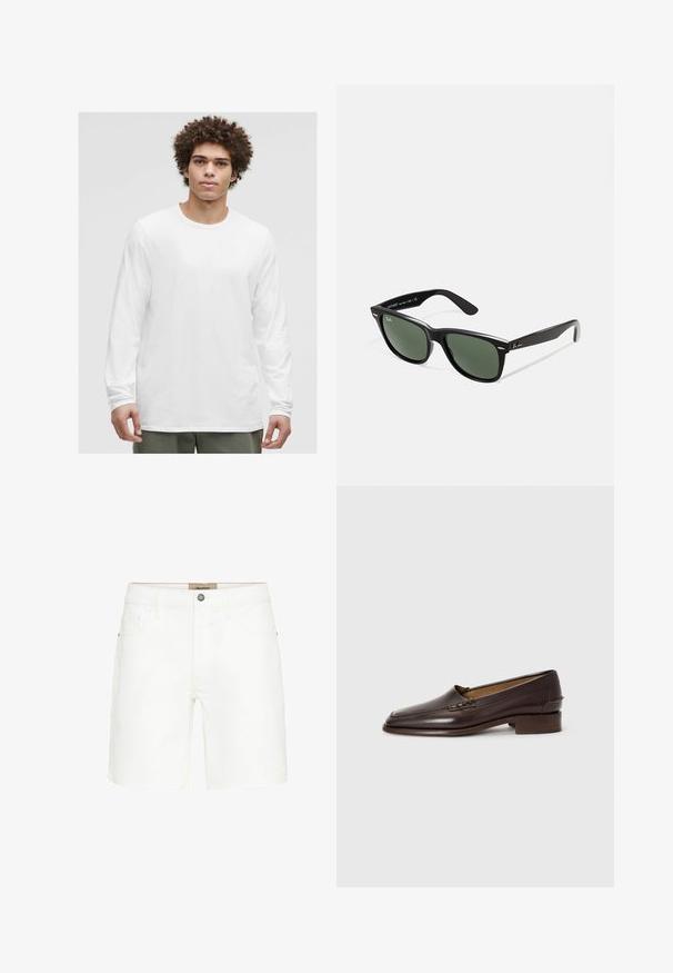 Fehér, hosszú ujjú póló kerek nyakkivágással, puha anyagból készült, laza szabású, látható logók vagy minták nélkül.; Fehér farmer rövidnadrág klasszikus öt zsebes kialakítással, fém gombos záródással és kontrasztos varrási részletekkel. Sima textúra és egyenes szabás.; Barna bőrből készült, enyhén hegyes orrú lóferek, alacsony, rétegelt sarkukkal és díszöltésekkel a felső részen. Simaság, minimalista dizájn.; Fekete műanyag napszemüveg zöld lencsékkel, négyzet alakú kerettel, ezüst díszítéssel a keret felső részén, valamint texturált szárakkal. A márka neve a belső száron található.