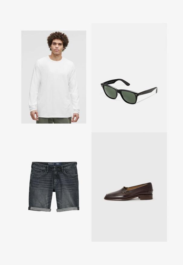 Bela dolgimi rokavi in okruglim ovratnikom, izdelana iz mehkega materiala, z ohlapnim krojem in brez vidnih logotipov ali vzorcev.; Jeans kratke hlače v temno sivi barvi, s klasičnim dizajnom, petimi žepi in zavitimi manšetami. Narejene iz bombažnega materiala, mehke teksture. Velikost M.; Rjavi usnjeni loafers z rahlo koničastim nosom, nizkim kupolastim peto in okrasnim šivom na zgornjem delu. Gladka tekstura, minimalističen dizajn.; Črne plastične sončna očala z zelenimi lečami, kvadratni okvirji, srebrni detajl na obrvi in teksturirani ročaji. Blagovna znamka navedena na notranji strani ročaja.
