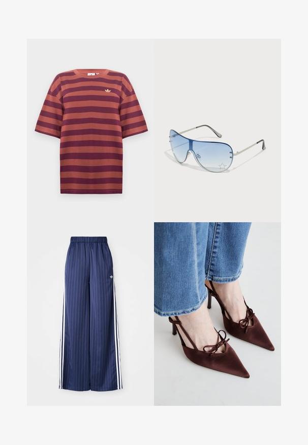 Bordo ir rūdžių spalvos dryžuota marškinėliai, trumpomis rankovėmis, apvaliu iškirpimu, su nedideliu auksiniu logotipu kairėje krūtinės pusėje, pagaminti iš medvilnės audinio.; Tamsiai mėlynos plačios kojos kelnės su vertikaliomis baltomis juostelėmis, elastinga juosmens juosta ir trimis baltomis juostelėmis kiekvienoje pusėje, pagamintos iš lengvos medžiagos.; Simmi London KLARA - Aukštakulniai - chocolate; Aviatoriai akiniai su gradientiniais mėlynais objektyvais, sidabriniu metaliniu rėmu ir dekoratyvinėmis žvaigždžių akcentais ant objektyvų. Lygaus ir stilingo dizaino.