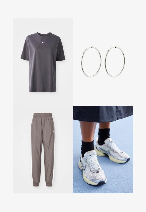 Tamsiai pilkas trumpomis rankovėmis marškinėliai, pagaminti iš švelnios medvilnės, su mažuoju baltu Nike swoosh logotipu krūtinėje ir klasikiniu apvaliu iškirpimu.; Pilki sportiniai kelnės su elastinga juosmena, rankovėmis ir baltais šonų dryžiais. Pagamintos iš lygaus, lengvo audinio. Priekyje yra Nike logotipas.; Balti ir sidabriniai Nike sportbačiai su tinkline medžiaga, atspindinčiais akcentais ir smėlio spalvos padu. Dėvimi su juodomis kojinėmis, stovint ant mėlynos paviršiaus.; Sidabriniai auskarai su lygiu, blizgiu paviršiumi. Apskritimo forma, vienodas plotis, sukurti lengvam užsegimui. Paprasti ir elegantiški.