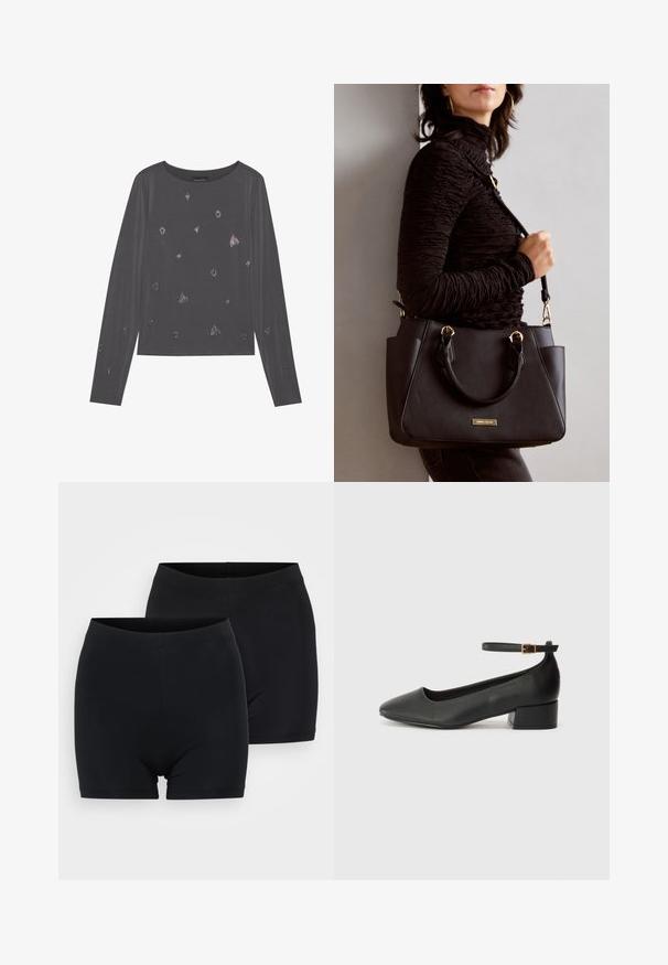 Camisola cinza de manga longa com decote redondo, apresentando detalhes metálicos dispersos e uma textura suave.; Dois pares de calções pretos de algodão com uma textura suave, apresentando uma cintura simples e sem costuras e um design de comprimento até a meio da coxa.; Sandal de pele preta com bico pontiagudo e um salto bloco baixo. Apresenta uma tira no tornozelo com uma fivela em tom dourado. Textura suave.; Bolsa preta com superfície texturizada, alças superiores duplas e alça de ombro ajustável. Apresenta ferragens em tom dourado e bolsos laterais.