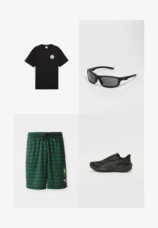 Mustmust T-särk lühikeste varrukatega, ümar kaelus ja sinine ümmargune logo vasakul rinnapiiril. Sile tekstuur ja mugav lõige.; Mustad mustrid geomeetrilise rohelise mustriga, millel on elastne vöökoht ja nöörkumm. Sisaldab Maroko embleemi ja Puma logo.; Musternähtud pealistusega mustad sportlikud jalatsid, sirged paelad ja pehmendatud tald, millel on peened peegeldavad aktsendid.; Mustad mustaga viimistlusega prille, ristkülikukujuliste läätsedega ning silmapaistva logoga orelil. Polariseeritud läätsed, UV-kaitse.
