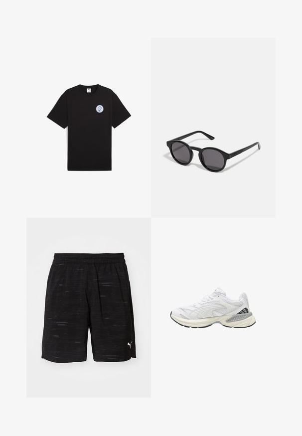 Camiseta de algodón negra con mangas cortas, cuello redondo y un logo azul redondo en el área izquierda del pecho. Textura suave y corte casual.; Pantalones cortos deportivos negros con un diseño texturizado, cinturilla elástica y un pequeño logo blanco en la parte inferior derecha. Tejido ligero.; Zapatilla deportiva blanca con parte superior de tela de malla, detalles texturizados, suela acolchada y acentos negros en el talón. Diseño de punta redondeada.; Gafas de sol negras con un marco redondo, ligeramente ondulado, lentes oscuros y varillas rectas negras. Acabado liso y brillante sin patrones visibles.