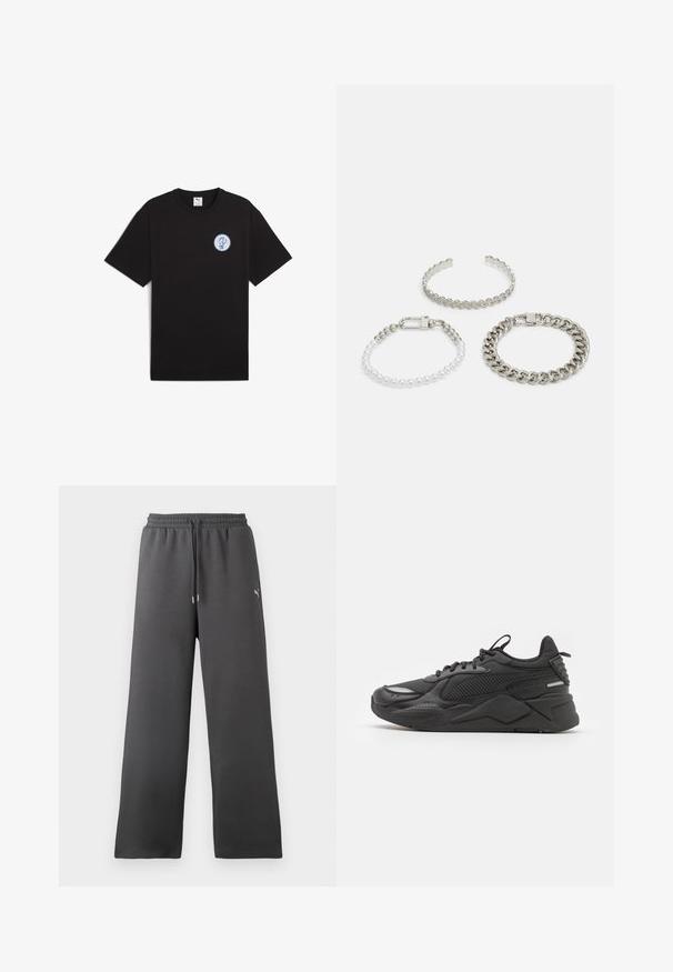 Czarna bawełniana koszulka z krótkim rękawem, okrągłym dekoltem i niebieskim logo na wysokości lewej piersi. Gładka struktura i luźny krój.; Ciemnoszare spodnie dresowe wykonane z miękkiej tkaniny, z krokiem ze ściągaczem, szerokimi nogawkami oraz małym logo jako akcentem.; Czarne sneakersy z teksturowaną cholewką, z siateczkowymi i syntetycznymi materiałami, grubą podeszwą oraz odblaskowymi akcentami zapewniającymi widoczność.; Trzy bransoletki: srebrna bransoletka z falistymi krawędziami, bransoletka z białych i srebrnych koralików oraz masywna bransoletka łańcuchowa z zapięciem.