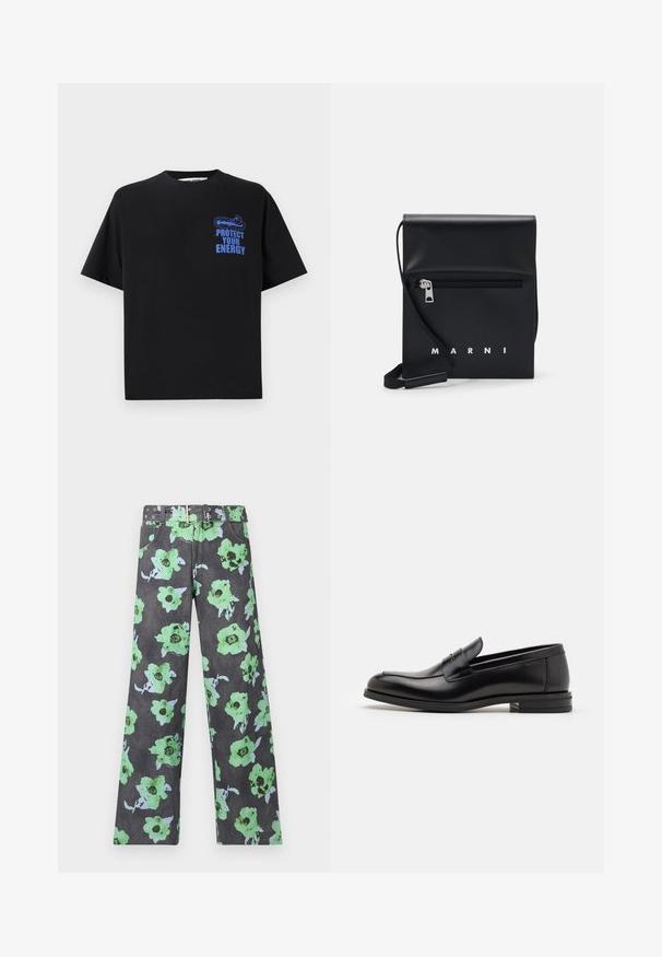 Crna pamučna majica s kratkim rukavima, s plavim natpisom "ZAŠTITI SVOJU ENERGIJU" i grafičkim dizajnom na gornjoj lijevoj strani.; Hlače s cvjetnim uzorkom u tamno sivoj boji s velikim zelenim i plavim cvjetovima. Uključuje odgovarajući pojas s više zakovica i rupica.; Crni kožni mokasini s glatkom teksturom, zaobljenim prstima i ukrasnom trakom preko prednjeg dijela. Niski slojeviti potplat, minimalistički dizajn.; Crna kožna torba preko tijela s prednjim džepom na zip, utisnutim logotipom i podesivim remenom. Glatka tekstura s oblikom koji zadržava strukturu.