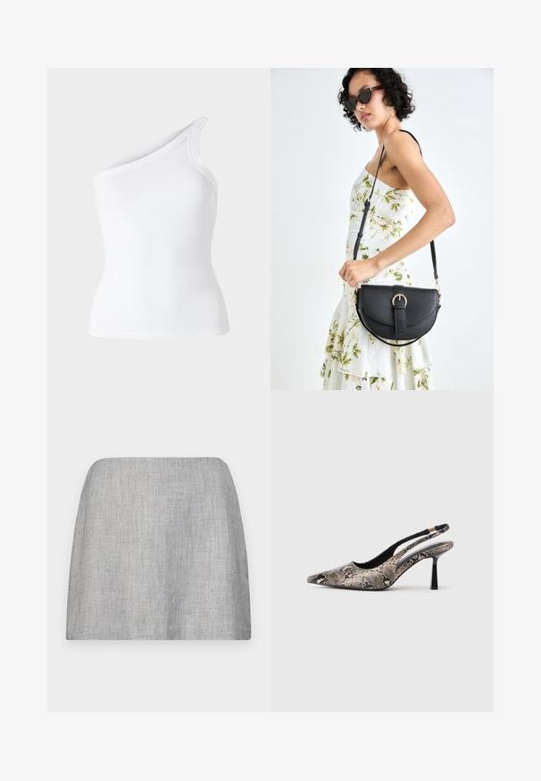 Bela rebrasta brezrokavna majica z asimetričnim dizajnom na enem ramu. Gladka tekstura, prilagojen silhueta in čisti robovi.; Siva krila iz gladkega, teksturiranega materiala, z ravnim krojem in brez vidnih okrasnih elementov. Preprost, minimalističen dizajn.; Cipele s izrezanim leđima i uskim potplatom, s karakterističnim oblikom na vrhu i teksturiranim uzorkom zmijske kože, imaju tanke crne potpetice i otvoreni dizajn sa strane.; Črna usnjena torbica s ukrivljeno obliko, z odstranljivo naramnico in zlatimi dodatki. Torbica ima pokrov s podrobnostmi v obliki zaponke.