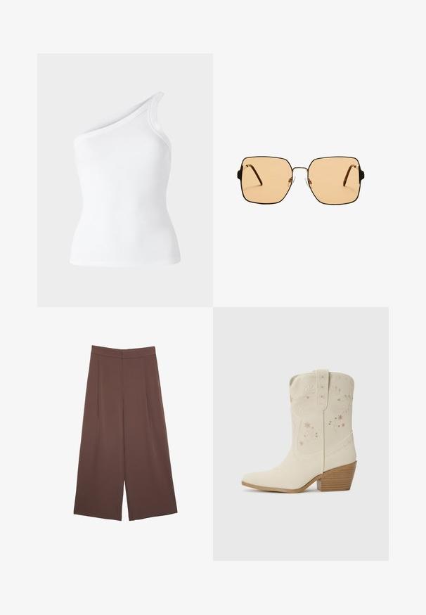 Bílý žebrovaný top bez rukávů s asymetrickým designem na jedno rameno. Hladká textura, přiléhavá silueta a čisté okraje.; Hnědé široké kalhoty s hladkou texturou, vysokým pasem a předními záhyby. Materiál je lehký a volně splývá.; Bílé kožené kovbojské boty s květinovou výšivkou, špičatou špičkou a zúženým dřevěným podpatkem. Obsahují dekorativní prošívání na holeni.; Čtvercové sluneční brýle s hnědými skly a tenkým černým kovovým rámem. Mají šikmé stranice a nastavitelná nosní polštářky pro pohodlí.; Bílá kabelka na rameno s texturovaným povrchem, centrálním akcentem v podobě spony a zakřiveným tvarem. Zipové uzávěry na obou stranách.