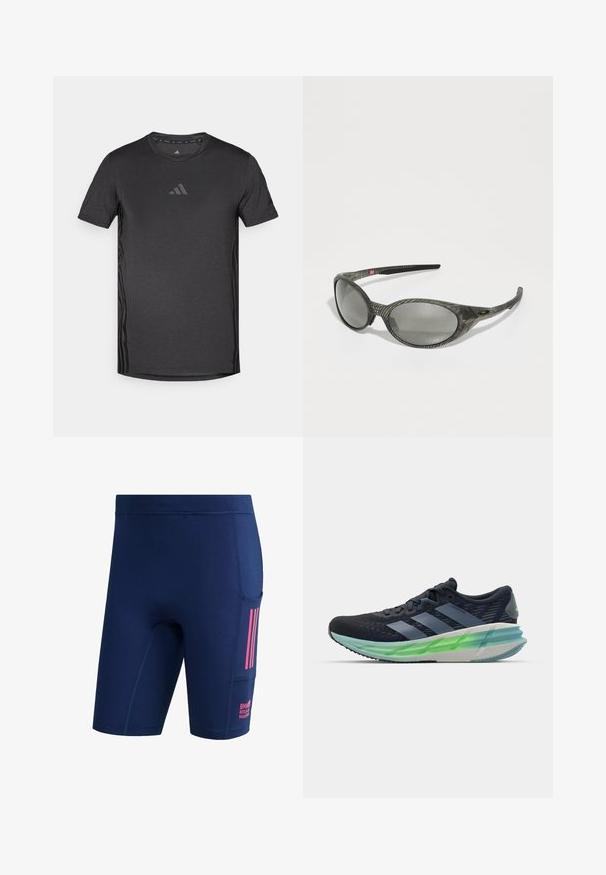Black athletic t-shirt with short sleeves, made of breathable fabric. Features a subtle logo on the chest and textured side accents.; Navy blue athletic shorts with a side pocket, pink stripes, and "BMW Berlin Marathon" text on the pocket area.; Black and blue athletic shoe with mesh upper, three white stripes, green translucent sole, and notable textured pattern. Lightweight design.; Gray sunglasses with a textured, patterned frame. Oval lenses and slender arms feature a black accent. Lightweight composite material.