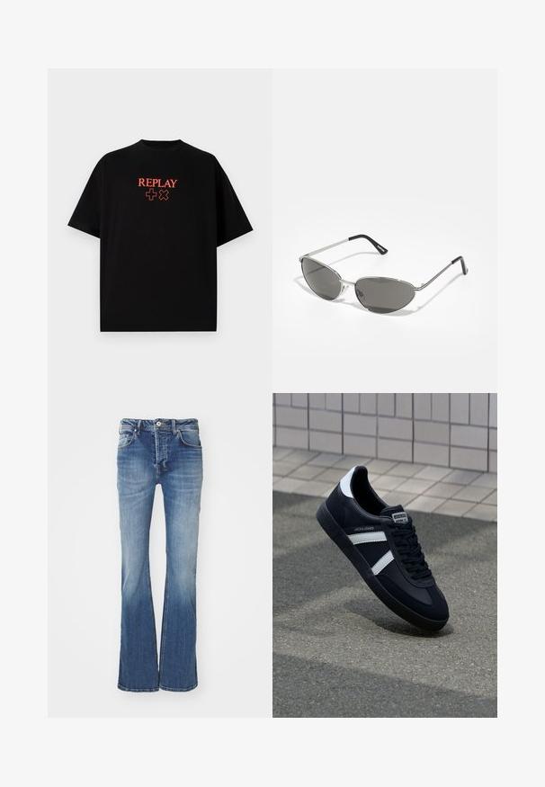 Melns kokvilnas T-krekls ar īsām piedurknēm, apaļu kakla izgriezumu, ar sarkanu "REPLAY" logo un simboliem centrāli uz krūšu daļas.; Izvērstie zili denima džinsi ar vidēju mazgāšanu, piecu kabatu dizainu un pogu aizdari. Iedzimta tekstūra un viegla nodiluma izskats.; Melnā ādas sporta apavi ar baltām svītrām, teksturēta gumijas zole un auklu aizdare. Iekļauj zīmola etiķeti uz mēles.; Saulesbrilles ar elegantu sudraba metāla rāmi, pelēkās nokrāsas lēcām un aerodinamisku dizainu, kas izceļas ar izliektiem stūriem un plānām kājām.