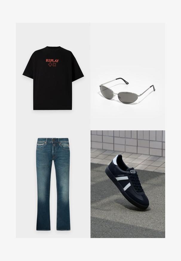 Svart bomull t-skjorte med korte ermer, rund hals, med en rød "REPLAY" logo og symboler sentrert på brystet.; Blå denimjeans med en falmet vask, med fem lommer, glidelås og rett ben-design. Stikninger med kontrasttråd.; Sorte lærersneaker med hvite striper, teksturert gummihæl og snøring foran. Har et merketikett på tungen.; Solbriller med en slank, sølvmetallisk ramme, gråtonede linser og et aerodynamisk design med spisse kanter og tynne armer.