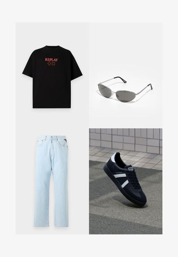 Zwarte katoenen t-shirt met korte mouwen, ronde hals, met een rood "REPLAY" logo en symbolen gecentreerd op de borst.; Lichtblauwe denimjeans met een rechte pijpdesign. Voorzien van een knoop- en ritssluiting, vijf zakken en contrasterende stiksels.; Zwarte leren sneaker met witte strepen, een gestructureerde rubberen zool en vetersluiting aan de voorkant. Voorzien van een merklabel op de tong.; Zonnebril met een slank, zilveren metalen frame, grijs getinte lenzen en een aerodynamisch ontwerp met puntige randen en dunne pootjes.
