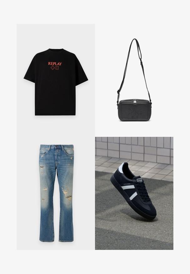 T-shirt in cotone nero con maniche corte, collo rotondo, caratterizzato da un logo rosso "REPLAY" e simboli allineati centralmente sul petto.; Jeans in denim azzurro chiaro con vestibilità rilassata, caratterizzati da dettagli strappati e toppe sfilacciate, con design classico a cinque tasche e chiusura con bottone.; Sneaker neri in pelle con strisce bianche, suola in gomma texturizzata e allacciatura frontale. Presenta un'etichetta con il marchio sulla linguetta.; Borsa a tracolla nera in pelle con chiusura zip, logo impresso sul davanti e tracolla regolabile. Texture liscia con forma rettangolare.