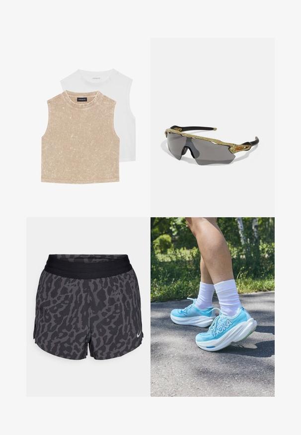 Dva bezrukavih crop topa: jedan nježan bež boje s teksturiranom površinom i jedan glatki bijeli. Oboje imaju okrugli izrez i šivene rubove.; Crne i sive kratke hlače s uzorkom leopard, s širokim elastičnim pojasom, s blistavim efektom i malim bijelim Nike logom na donjoj desnoj strani.; Svijetloplave atletske tenisice s teksturiranim mrežastim gornjim dijelom, bijelom jastučićastom potplatom i istaknutim "HOKA" logotipom sa strane. Nosile su se s bijelim čarapama.; Sportske sunčane naočale s okvirom u zelenom uzorku, crnim ručkama i sivim staklima. Dizajn se odlikuje oblačnim stilom i odvažnim, sportskim oblikom.