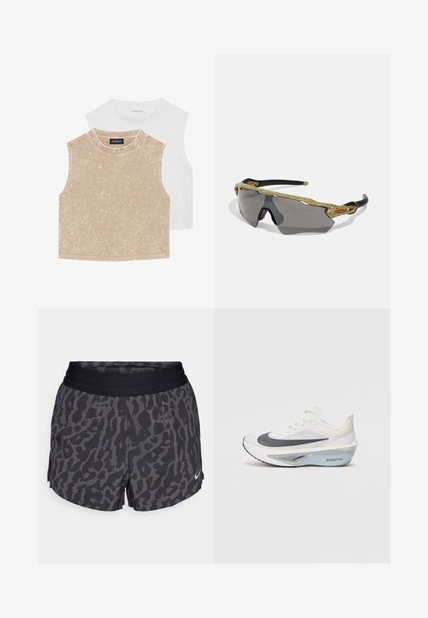 Two sleeveless crop tops: one soft beige with a textured surface and one smooth white. Both feature a round neckline and stitched hems.; Black and gray leopard print shorts with a wide elastic waistband, featuring a subtle sheen and a small white Nike logo on the lower right.; White running shoe with a breathable mesh upper, blue accents, and a distinct midsole design featuring a visible cushioning system.; Sport sunglasses with a green patterned frame, black arms, and gray lenses. The design features a wraparound style with a bold, sporty shape.