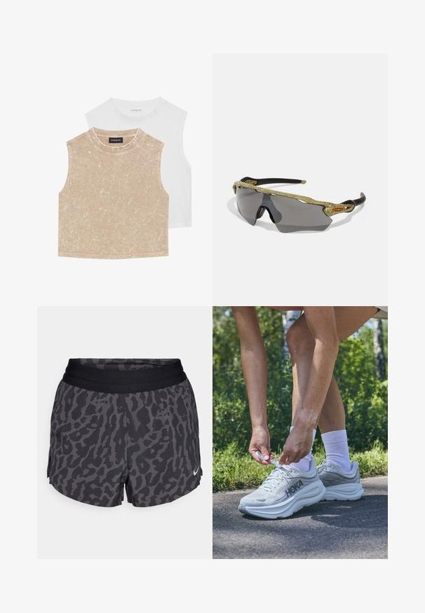 Dois tops cropped sem mangas: um bege suave com uma superfície texturizada e um branco liso. Ambos apresentam um decote redondo e costuras nas bordas.; Calções de padrão de leopardo em preto e cinza com uma cintura elástica larga, apresentando um brilho subtil e um pequeno logotipo da Nike em branco no canto inferior direito.; Ténis de corrida HOKA cinza claro com parte superior em malha texturizada, sola branca espessa e acabamentos refletivos. Um mão está a atar os atacadores.; Óculos de sol desportivos com uma armação padrão verde, braços pretos e lentes cinzentas. O design apresenta um estilo envolvente com uma forma ousada e desportiva.