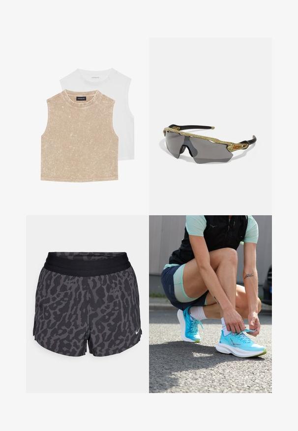 Two sleeveless crop tops: one soft beige with a textured surface and one smooth white. Both feature a round neckline and stitched hems.; Black and gray leopard print shorts with a wide elastic waistband, featuring a subtle sheen and a small white Nike logo on the lower right.; Lightweight turquoise running shoes with a textured mesh upper, white soles, and green accents, being laced by a person on a pavement.; Sport sunglasses with a green patterned frame, black arms, and gray lenses. The design features a wraparound style with a bold, sporty shape.