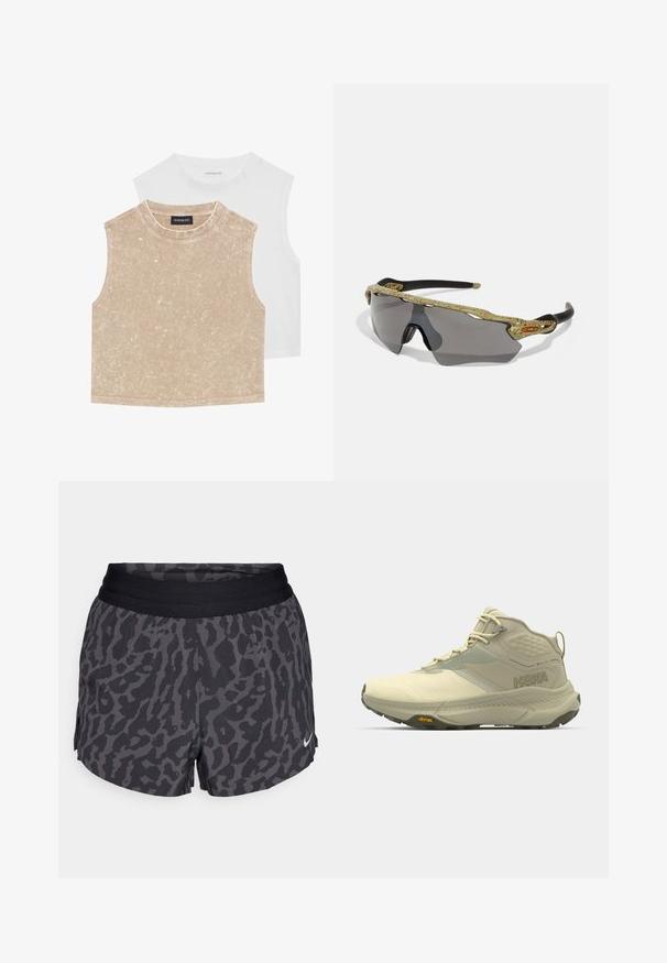 Dois tops cropped sem mangas: um bege suave com uma superfície texturizada e um branco liso. Ambos apresentam um decote redondo e costuras nas bordas.; Calções de padrão de leopardo em preto e cinza com uma cintura elástica larga, apresentando um brilho subtil e um pequeno logotipo da Nike em branco no canto inferior direito.; Bota de caminhada Hoka em bege claro, com um upper texturizado, fecho de atacadores e sola Vibram. Logótipo lateral distintivo e design de suporte.; Óculos de sol desportivos com uma armação padrão verde, braços pretos e lentes cinzentas. O design apresenta um estilo envolvente com uma forma ousada e desportiva.