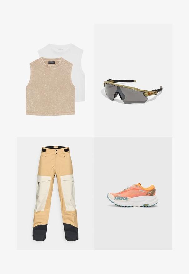 Zwei ärmellose Croptops: eines in sanftem Beige mit einer strukturierten Oberfläche und eines in glattem Weiß. Beide verfügen über einen runden Halsausschnitt und gestickte Säume.; Beige und weiße Outdoor-Hosen mit schwarzen Akzenten. Verfügt über Cargo-Taschen, einen doppelten Knopfverschluss und eine strapazierfähige Textur, die für verschiedene Bedingungen geeignet ist.; Oranges und pinkes Laufband mit Obermaterial aus Mesh, weißer Zwischensohle, Vibram-Laufsohle und hellblauen Akzenten. Verfügt über HOKA-Branding an der Seite.; Sportsonnenbrille mit einem grünen gemusterten Rahmen, schwarzen Bügeln und grauen Gläsern. Das Design verfügt über eine Wraparound-Form mit einer auffälligen, sportlichen Silhouette.