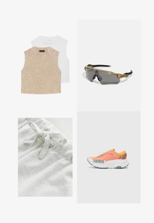 To slettevne crop toppe: en blød beige med en struktureret overflade og en glat hvid. Begge har en rund halsudskæring og syede kanter.; Lys grå stof med en blød tekstur, der har en butterfly-detalje lavet af et matchende struktureret bånd i taljen.; Orange og pink løbesko med mesh-overdel, hvid mellemsål, Vibram ydersål og lyseblå detaljer. Har HOKA-branding på siden.; Sports solbriller med en grøn mønstret ramme, sorte stænger og grå linser. Designet har en wraparound-stil med en dristig, sporty form.