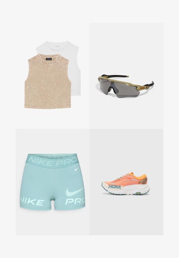 Dva bezrukavih crop topa: jedan nježan bež boje s teksturiranom površinom i jedan glatki bijeli. Oboje imaju okrugli izrez i šivene rubove.; Svijetloplave ženske kratke hlače od rastezljivog materijala, s širokim pojasom na kojem se nalaze bijeli tekst "NIKE PRO" i logo.; Narančaste i ružičaste tenisice za trčanje s mrežastim gornjim dijelom, bijelim međupodstavkom, Vibram potplatom i svijetloplave akcentima. Ima HOKA brending sa strane.; Sportske sunčane naočale s okvirom u zelenom uzorku, crnim ručkama i sivim staklima. Dizajn se odlikuje oblačnim stilom i odvažnim, sportskim oblikom.