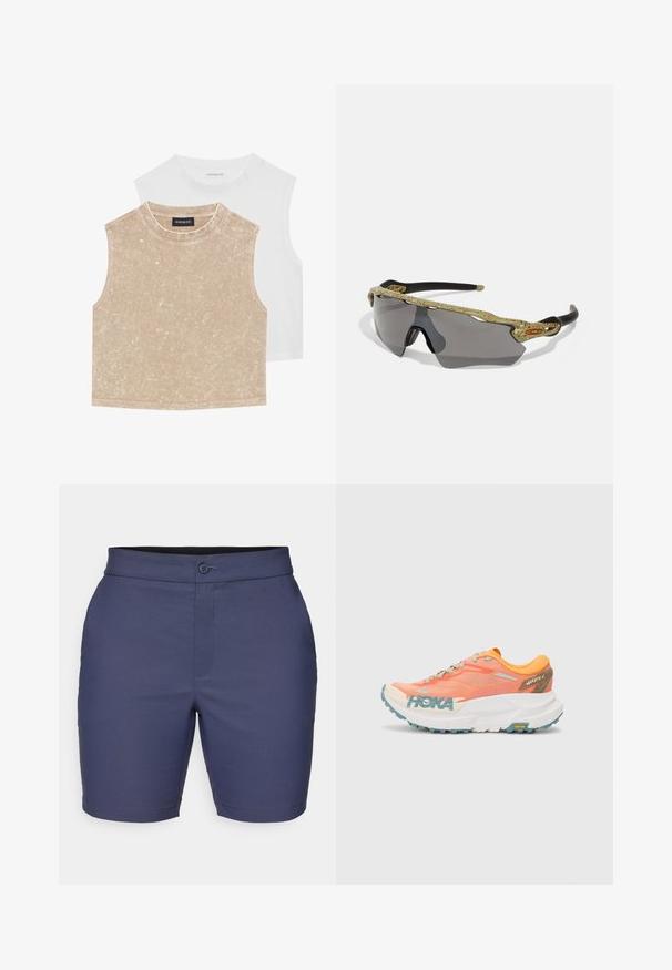 Dos tops cortos sin mangas: uno de un suave beige con una superficie texturada y otro blanco liso. Ambos presentan un escote redondo y dobladillos cosidos.; Pantalones cortos azul marino confeccionados en tela suave, con cierre de botón, trabillas para cinturón y un corte ajustado con un dobladillo limpio.; Zapatilla de correr en naranja y rosa con parte superior de malla, entresuela blanca, suela Vibram y detalles en azul claro. Presenta la marca HOKA en el lateral.; Gafas de sol deportivas con un marco de patrón verde, brazos negros y lentes grises. El diseño cuenta con un estilo envolvente con una forma atrevida y deportiva.