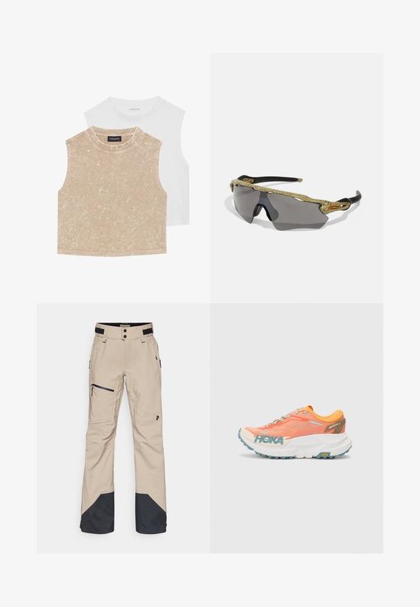 Dvě bezramenné crop topy: jeden měkký béžový s texturovaným povrchem a druhý hladký bílý. Oba mají kulatý výstřih a prošité lemy.; Peak Performance ALPINE GORE-TEX PANTS - Snowboardové kalhoty - avid beige; Oranžovo-růžová běžecká obuv s mesh svrškem, bílou mezipodešví, Vibram podrážkou a světle modrými akcenty. Na boku je branding HOKA.; Sportovní sluneční brýle s rámem s zeleným vzorem, černými stranami a šedými skly. Design obsahuje obepínající styl s odvážným, sportovním tvarem.