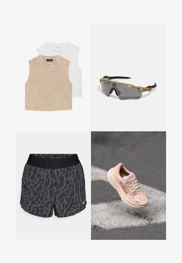 Two sleeveless crop tops: one soft beige with a textured surface and one smooth white. Both feature a round neckline and stitched hems.; Black and gray leopard print shorts with a wide elastic waistband, featuring a subtle sheen and a small white Nike logo on the lower right.; Light pink running shoe with a mesh upper, padded collar, and a thick, cream-colored sole. Branding is visible on the side.; Sport sunglasses with a green patterned frame, black arms, and gray lenses. The design features a wraparound style with a bold, sporty shape.