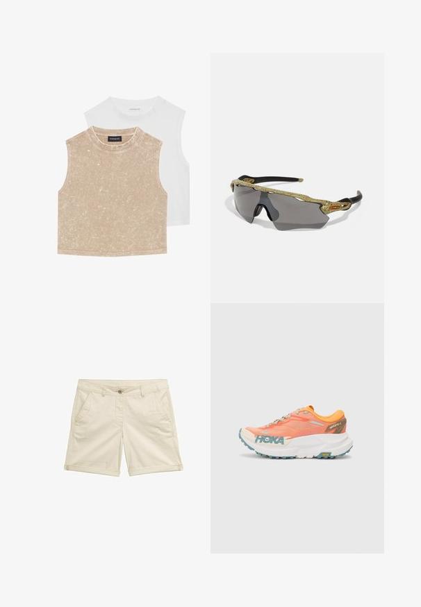 To slettevne crop toppe: en blød beige med en struktureret overflade og en glat hvid. Begge har en rund halsudskæring og syede kanter.; Beige shorts lavet af vævet stof, med fire lommer, en knaplukning og oprullede manchetter for et rent finish.; Orange og pink løbesko med mesh-overdel, hvid mellemsål, Vibram ydersål og lyseblå detaljer. Har HOKA-branding på siden.; Sports solbriller med en grøn mønstret ramme, sorte stænger og grå linser. Designet har en wraparound-stil med en dristig, sporty form.