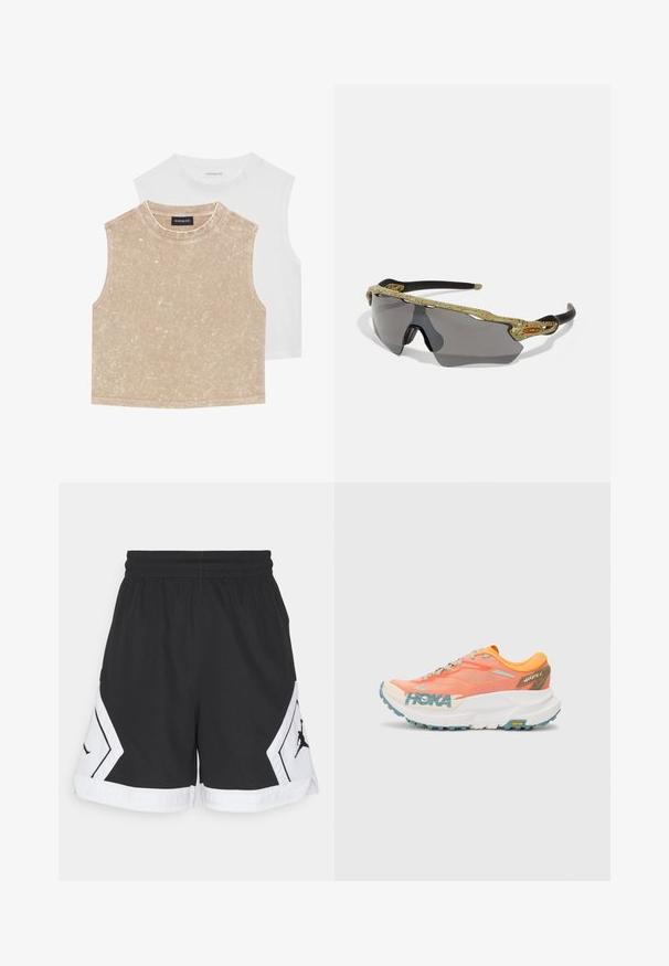 Divi bezpiecīgo izdilis topi: viens mīksts bēšīgs ar tekstūru un otrs gluds balts. Abiem ir apaļa kakla izgriezums un šuvju apdare.; Melnas sporta bikses, kas izgatavotas no elpojoša auduma, ar baltām akcentiem un melnu logotipu sānos, ar elastīgu jostasvietu komfortam.; Oranžs un rozā skriešanas apava ar sietu augšdaļu, baltu starpzoli, Vibram zoli un gaiši ziliem akcentiem. Sānos ir HOKA zīmols.; Sporta saulesbrilles ar zaļu rakstainu rāmi, melnām kājām un pelēkiem stikliem. Dizains ietver apņemšanas stilu ar izteiksmīgu, sportisku formu.